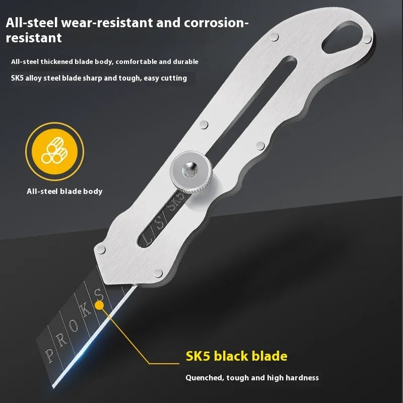 Stainless steel folding utility art knife with black blade and a pack of replacement blades.