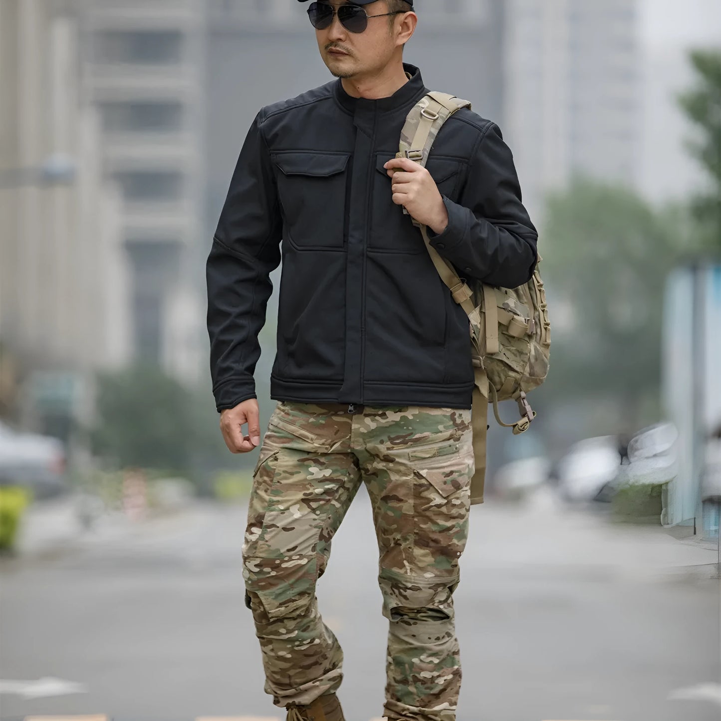 Black camouflage soft shell mountaineering jacket with cardigan style for outdoor sports