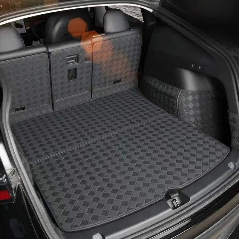 Tesla Model 3 and Model Y leather trunk mat in black PU leather with buckle fitting