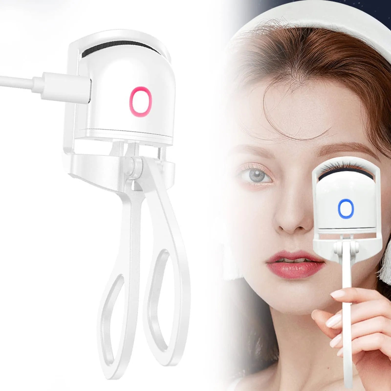 Pink heated electric eyelash curler with USB charging port and curved design with silicone pads