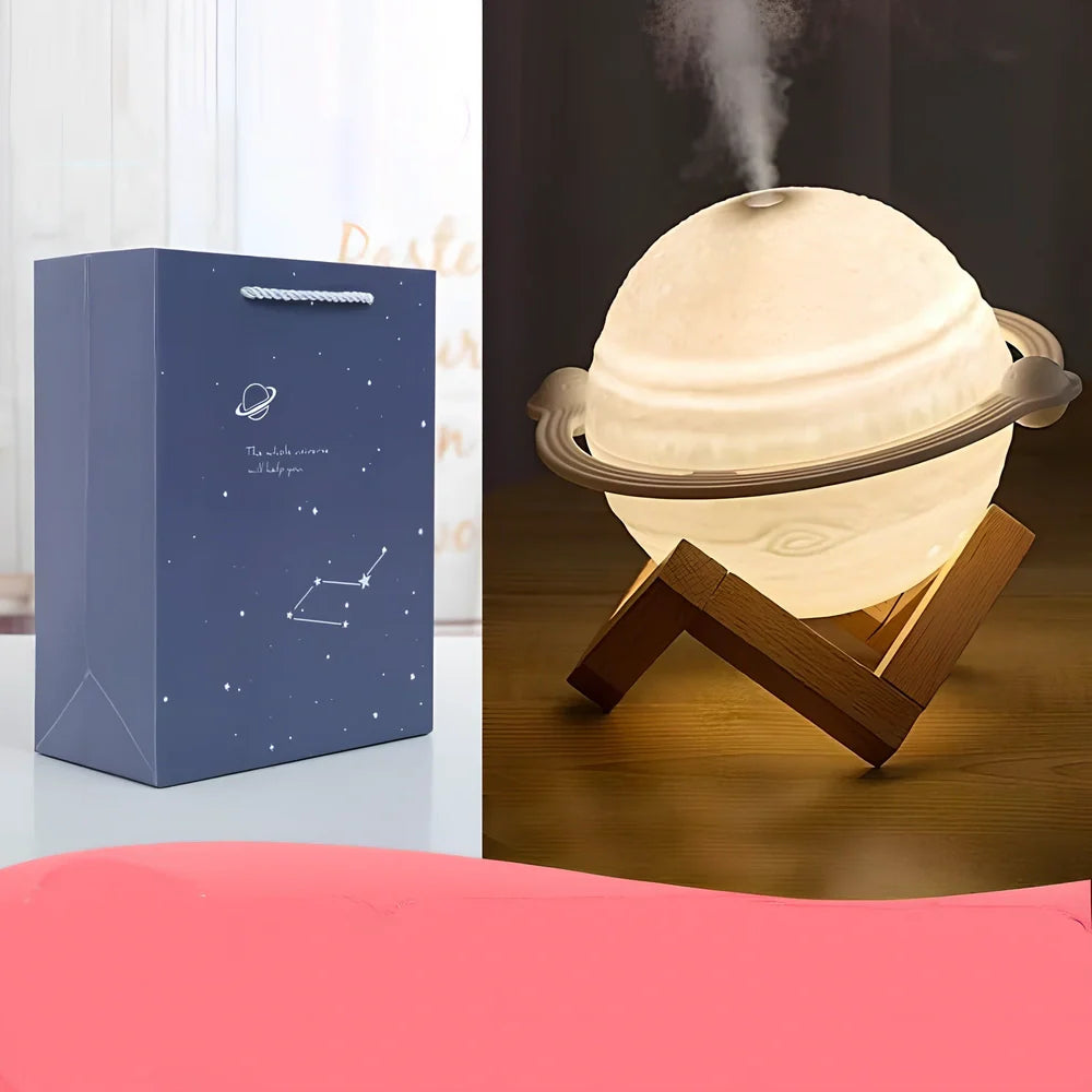 Planet-shaped humidifier with wooden frame and USB cable, 154mm width