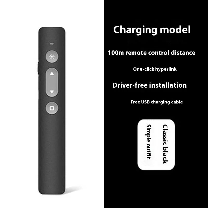 A whiteboard remote control pen for PPT presentations, shown in black, white, and pink colour options.