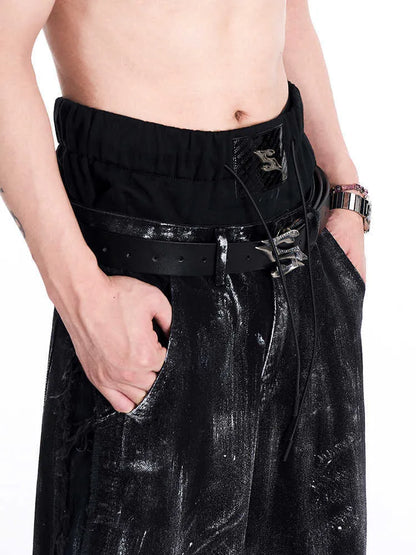 Black men's double-layer cowhide leather belt with a polished metal letter buckle, laid flat showing its 110cm length.