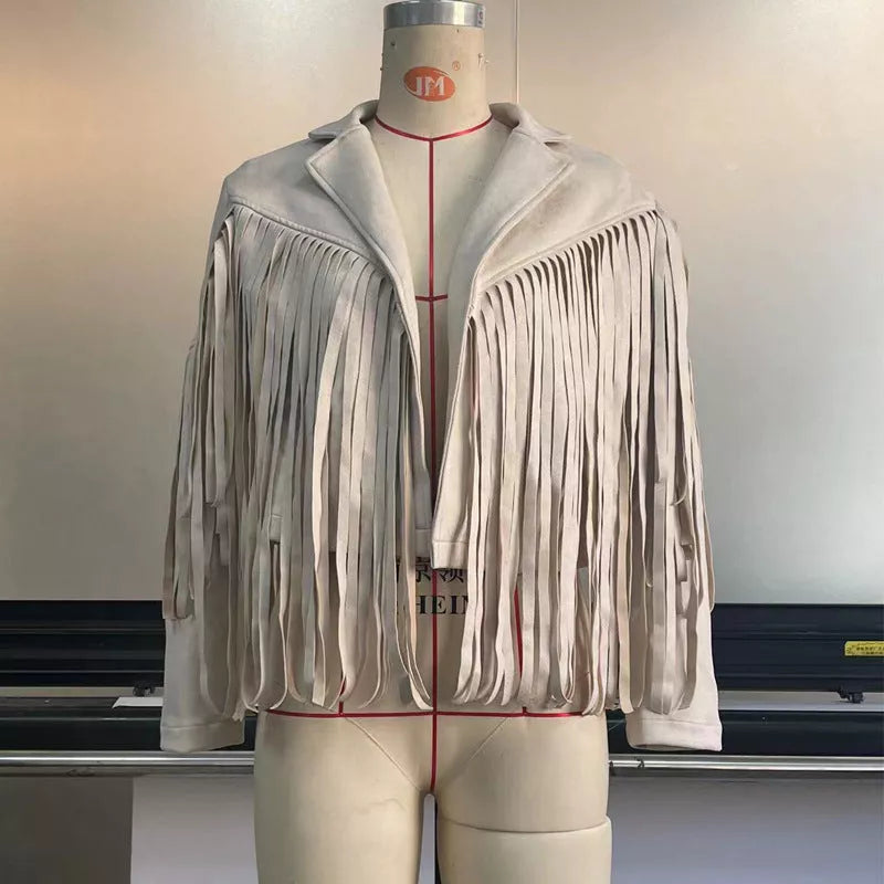 Women's PU leather short coat with tassel detail in black, orange, and beige