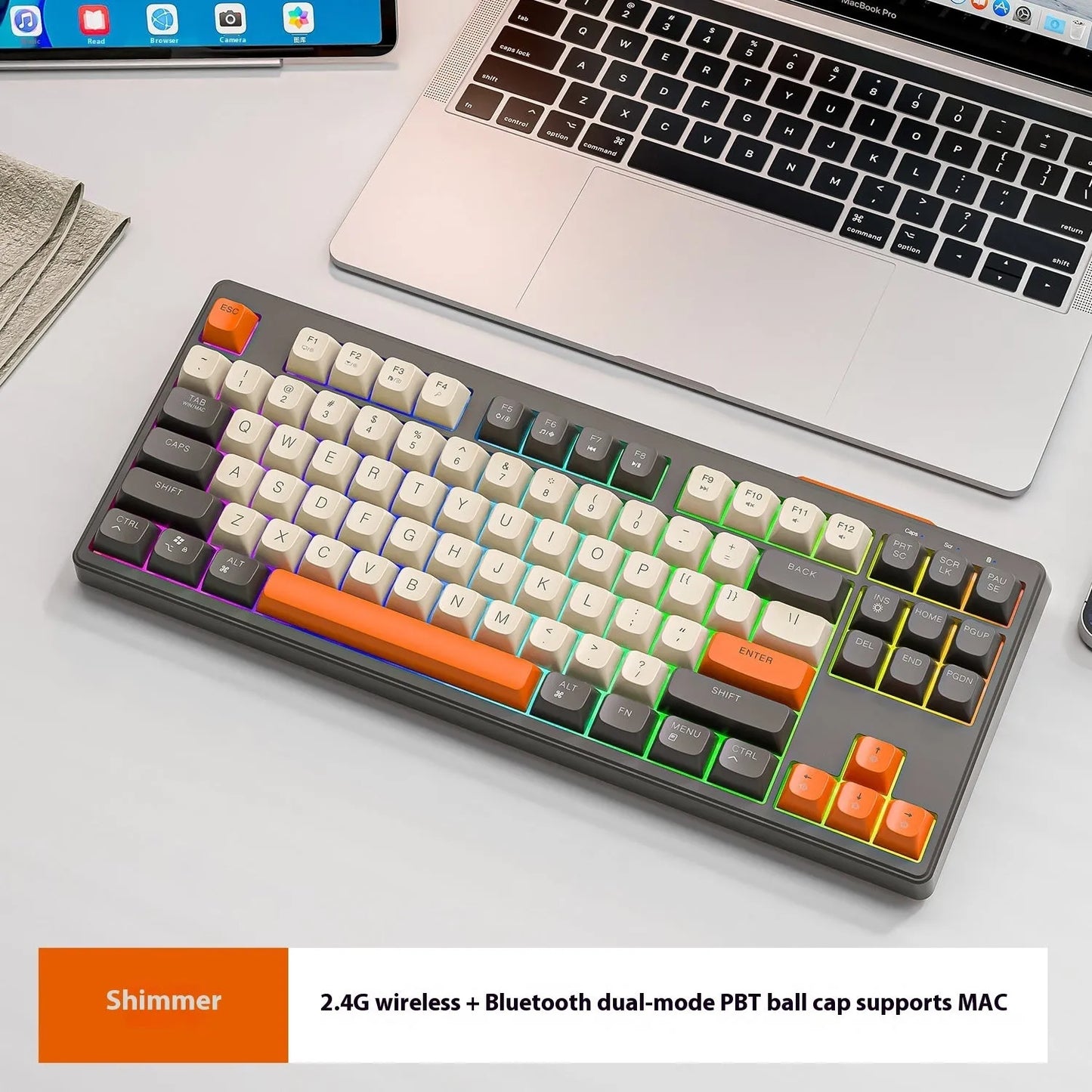 Wolf M87 wireless Bluetooth dual-mode mechanical feeling keyboard in blueberry colour on a desk