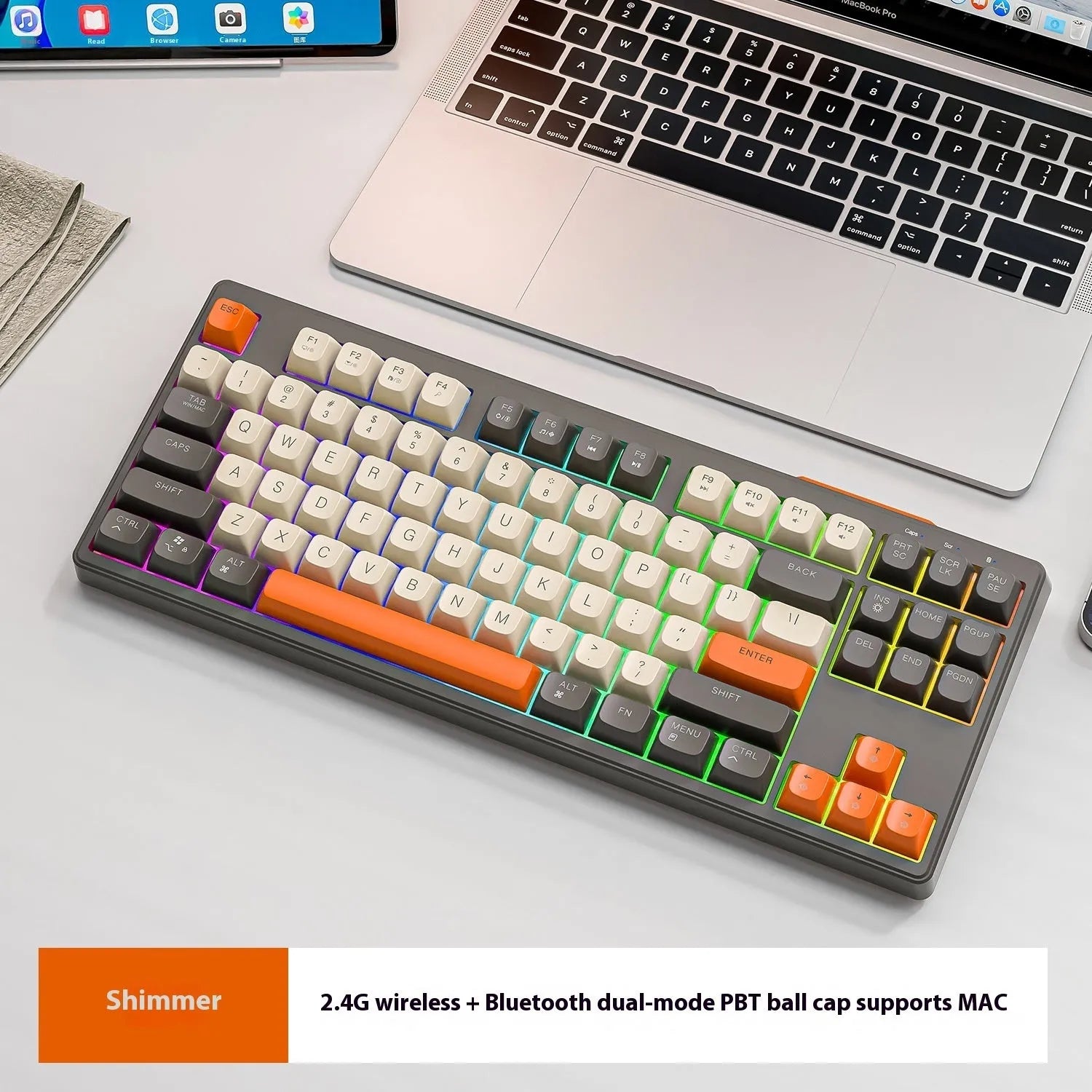 Wolf M87 wireless Bluetooth dual-mode mechanical feeling keyboard in blueberry colour on a desk