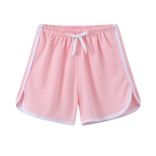 Children's polyester beach shorts in multiple colours and patterns, including leopard print and stripes, shown on size chart.