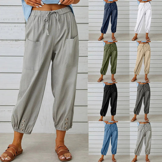 Women's cotton and linen drawstring pants with pockets and button detail in various colors
