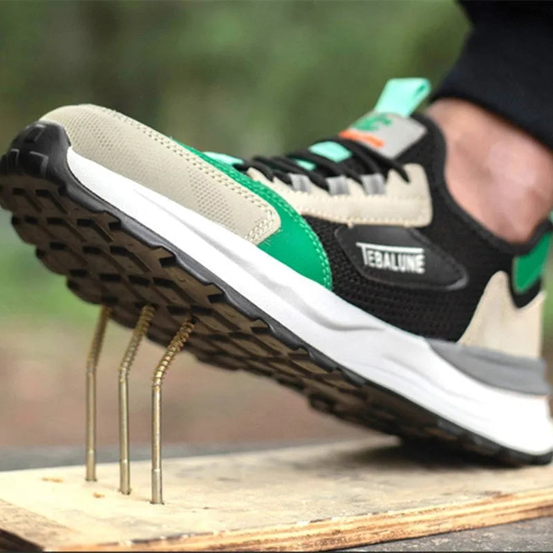 Men's black-green mesh work shoes with plastic steel toe protection and slip-on design