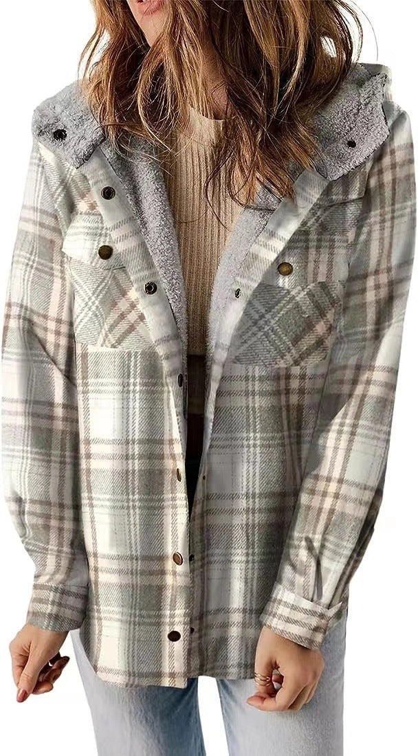 Casual Plaid Hooded Woolen Coat with fleece lining in various colors