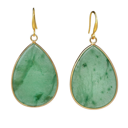 Women's retro natural stone drop earrings showing amethyst and green aventurine colour options on electroplated settings.