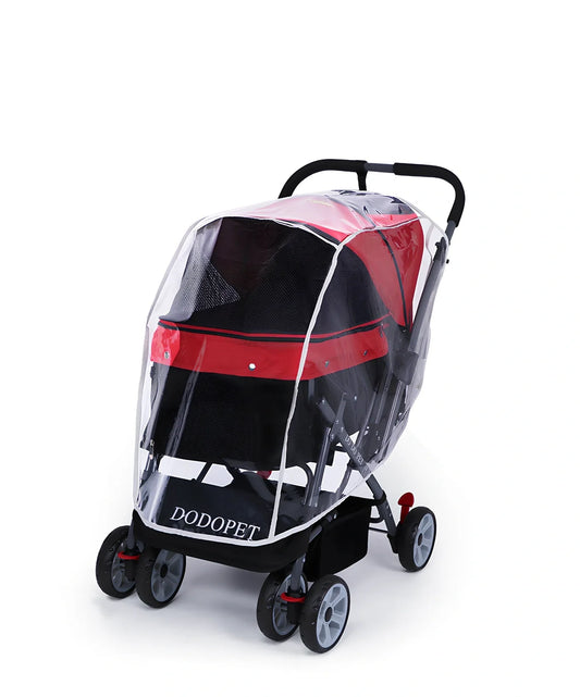 EVA waterproof pet stroller rain cover shown on dog trolley with three size options for different cart types