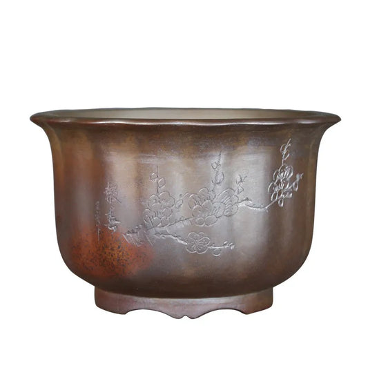 Indoor antique carved purple sand ceramic flowerpot for bonsai plants in classical style