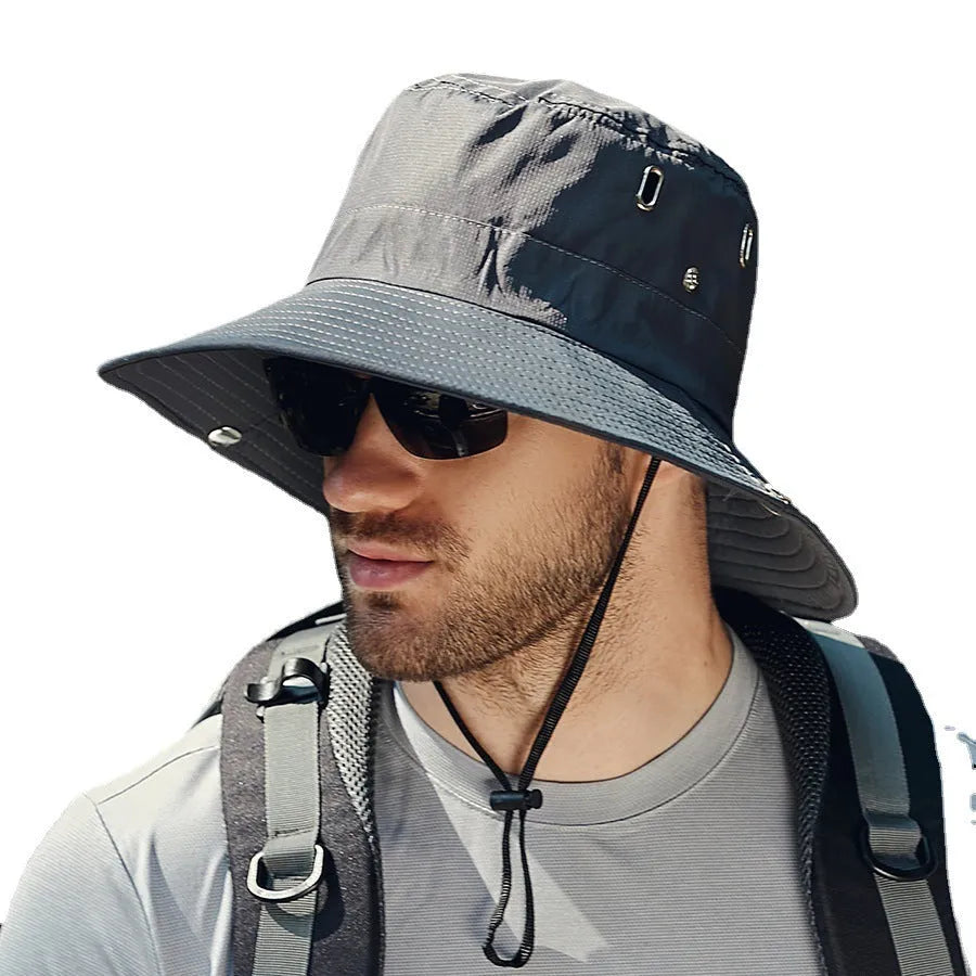 Men's wide brim polyester sunshade hat with dome crown, 58-60cm adult free size, in black, khaki, dark grey, army green or navy blue.