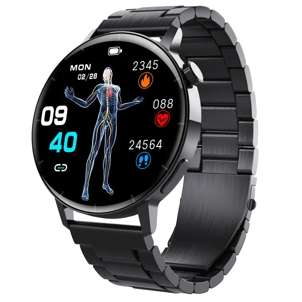 F67S blood glucose smart watch with leather strap showing health monitoring display