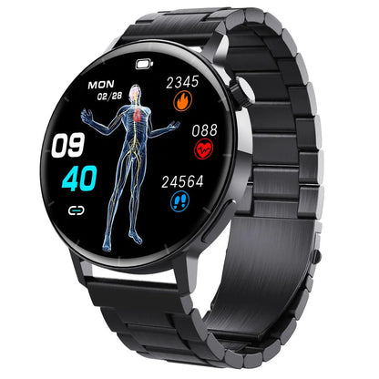 F67S blood glucose smart watch with leather strap showing health monitoring display