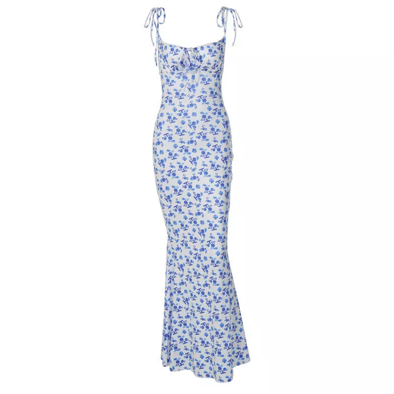 Women's floral print suspender long dress with lace-up back in blue