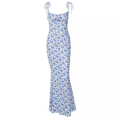 Women's floral print suspender long dress with lace-up back in blue