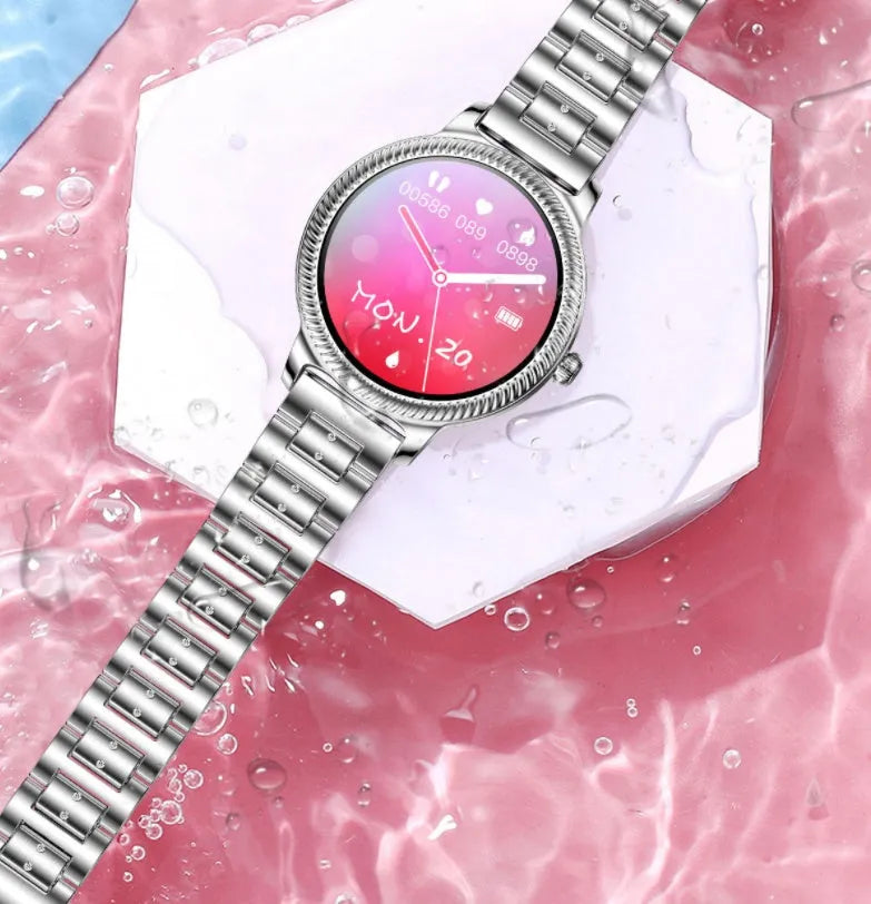 AK38 Ladies Smart Watch with stainless steel wristband and 1.09-inch TFT display