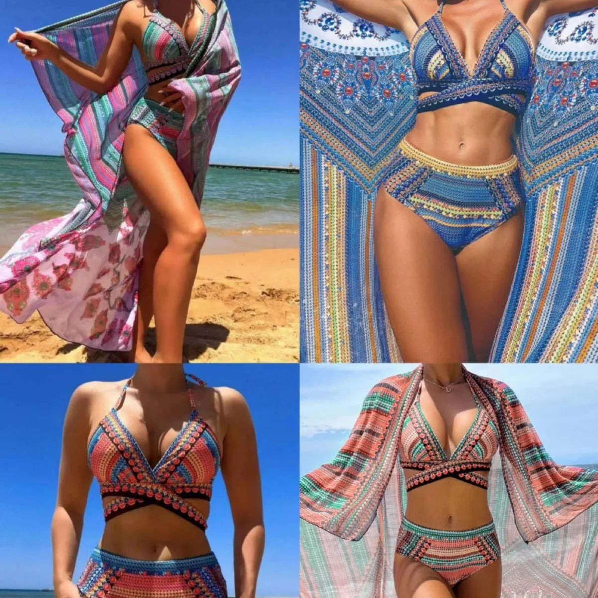 Women's blue cross-bandage bikini top and high-waist briefs with matching smock cover-up laid flat.