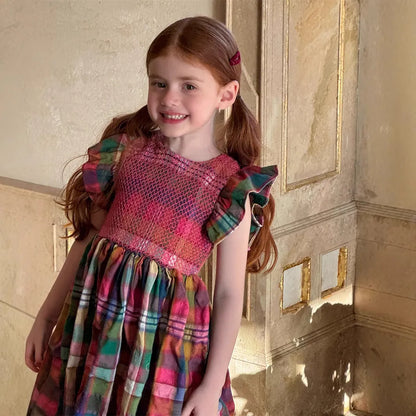 Girls' retro plaid sleeveless cotton dress in coffee plaid or red plaid, height sizes 90cm to 140cm