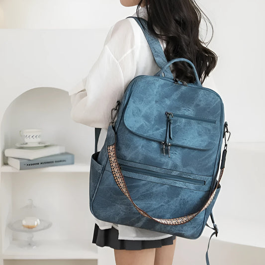 Retro college student backpack with curved shoulder straps in multiple colour options including black, blue, and yellow apricot