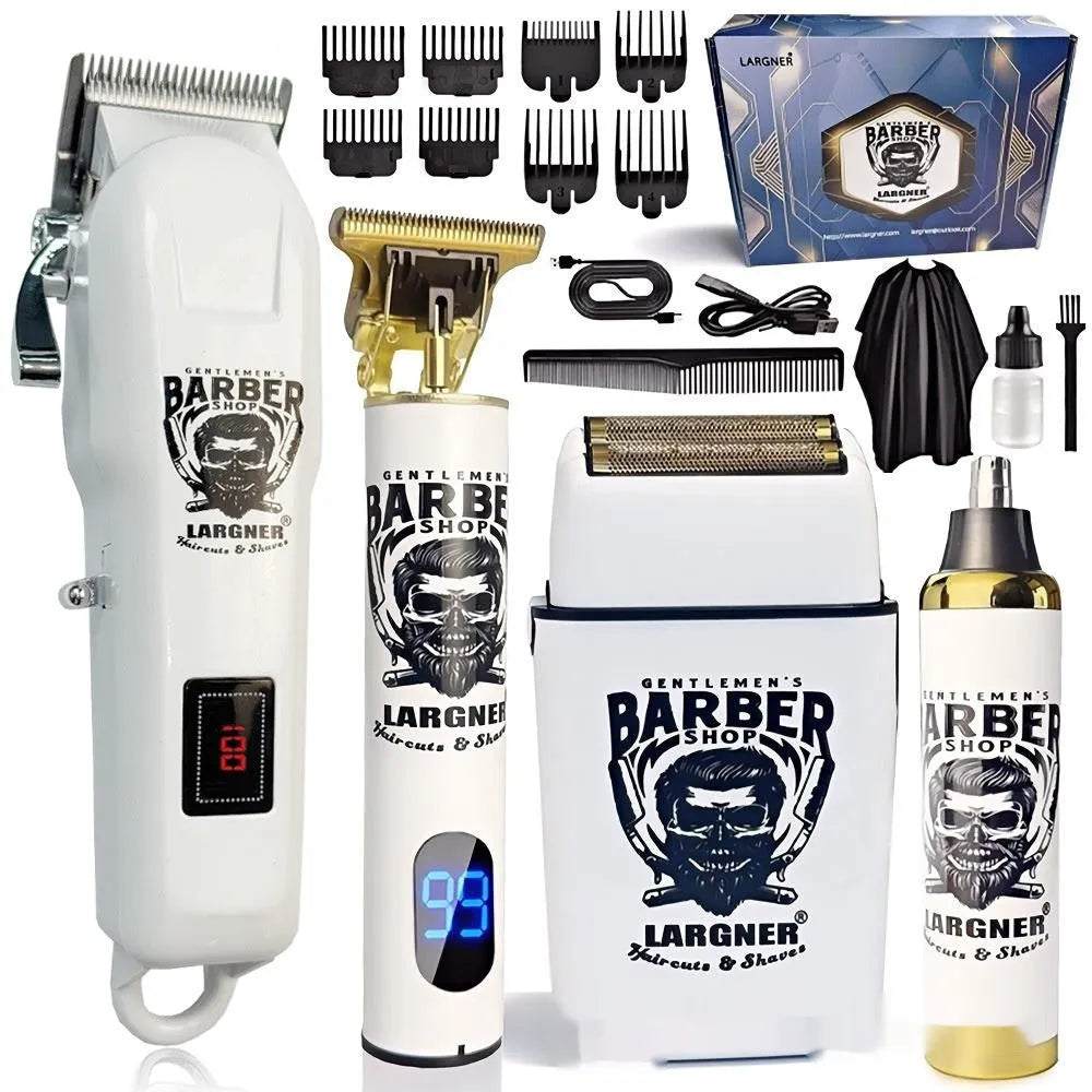 Rechargeable stainless steel hair clipper with USB cable and four attachment combs on a white background.