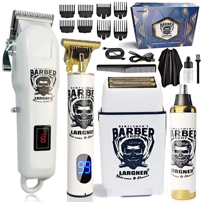 Rechargeable stainless steel hair clipper with USB cable and four attachment combs on a white background.