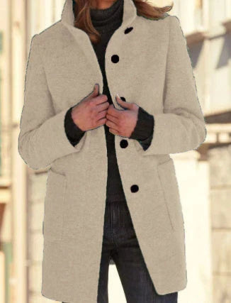 Fashionable woolen coat with stand collar, pockets, and button closure for women's fall and winter outerwear
