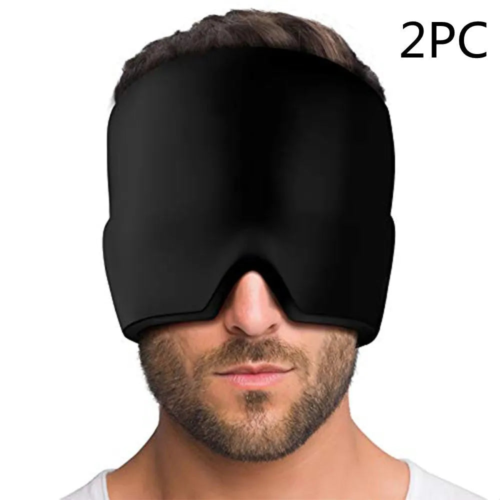 Black elastic cooling gel eye mask for headache relief placed on a forehead.