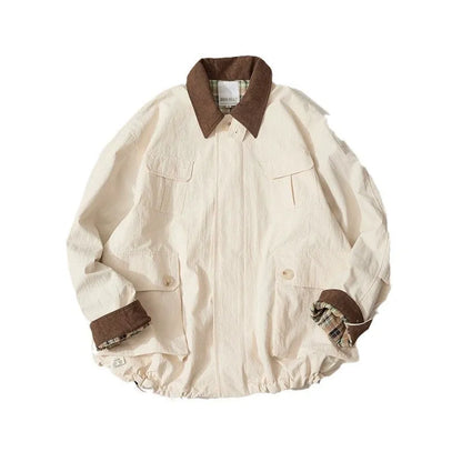 Green and apricot unisex polyester casual jacket with side seam pockets on a hanger