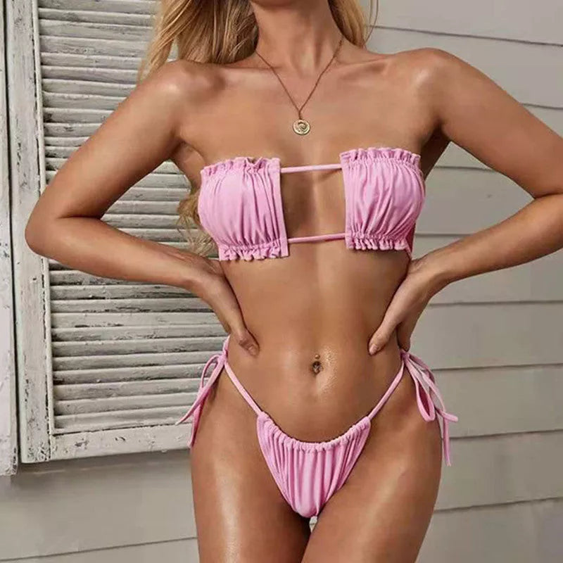 Women's triangle pleated drawstring bikini with hollow design in light pink