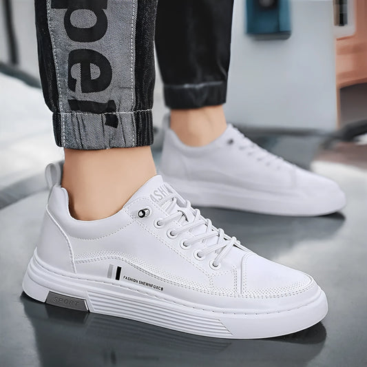 Men's low-top black and white skateboard shoes with elastic band and rubber sole.