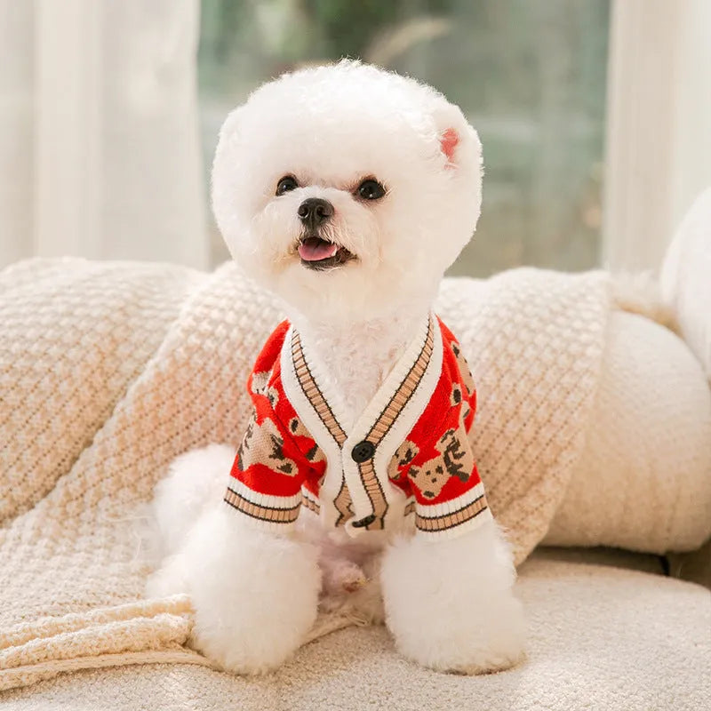 Bear pattern dog sweater in beige or red, lightweight polyester pullover for small dogs and cats, sizes XS to XL
