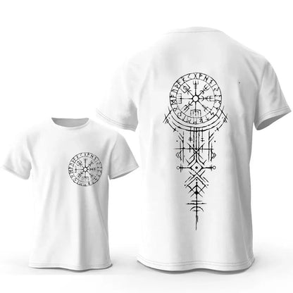Men's grey T-shirt with a large black Viking rune compass graphic printed on the chest.