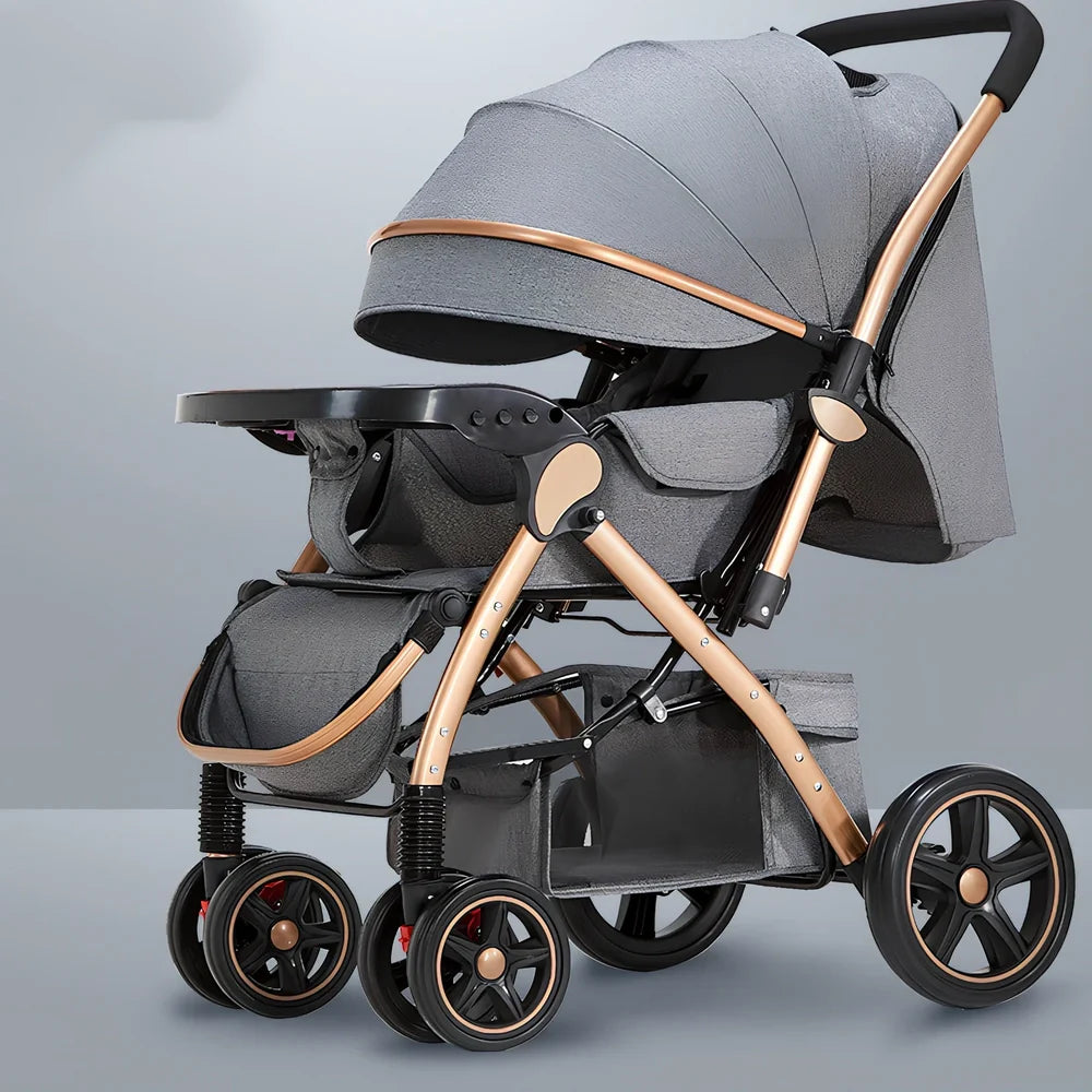 Baby stroller gift box in local gold frame with khaki blended fabric and 20cm rubber rear wheels for newborn use