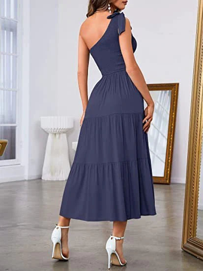 Stunning one-shoulder dress with pleated, asymmetrical hemline and side slits