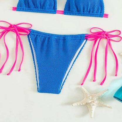Women's black lace-up nylon bikini set for swimming.