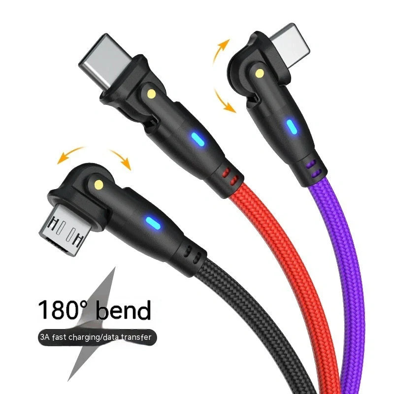 180-degree bendable fast charge USB cable in black, red, and purple