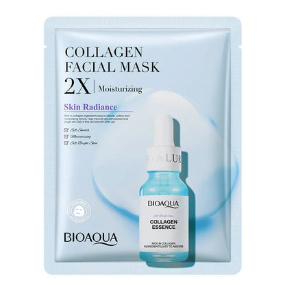 Collagen and hyaluronic acid facial sheet mask set with four variant packages showing 30g gel masks