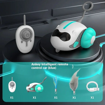Remote control cat toy with feather teaser on moving car, shown in blue and orange colour options