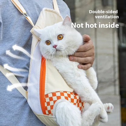 Soft grey pet backpack for cats or small dogs with mesh panel, shown in a size L.