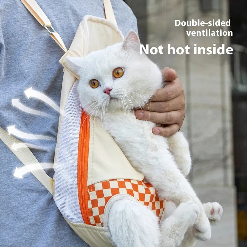 Soft portable pet backpack for cats and small dogs, non-woven polyester canvas material, available in sizes M, L, and XL with colour options including purple mist grape, summer clouds, and VC orange, lightweight go-out bag