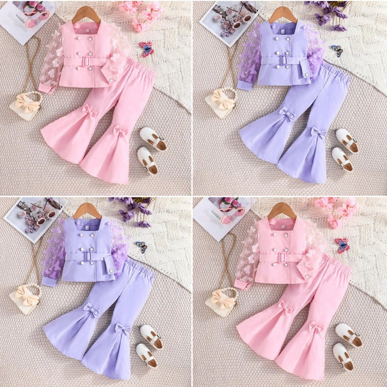 Girls' mesh sleeve top and bell-bottom pants suit in solid colour, sizes 2-8 years, with polyester fabric