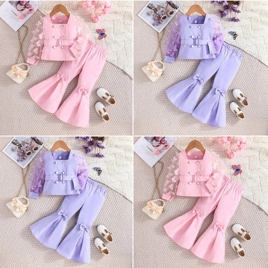 Girls' mesh sleeve top and bell-bottom pants suit in solid colour, sizes 2-8 years, with polyester fabric