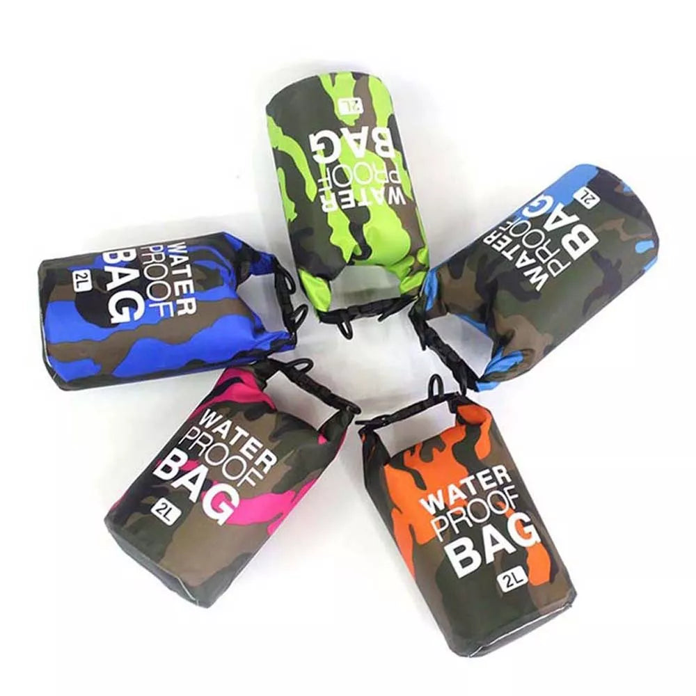 Camouflage polyester waterproof bag with PVC for outdoor activities, available in multiple colors and sizes.