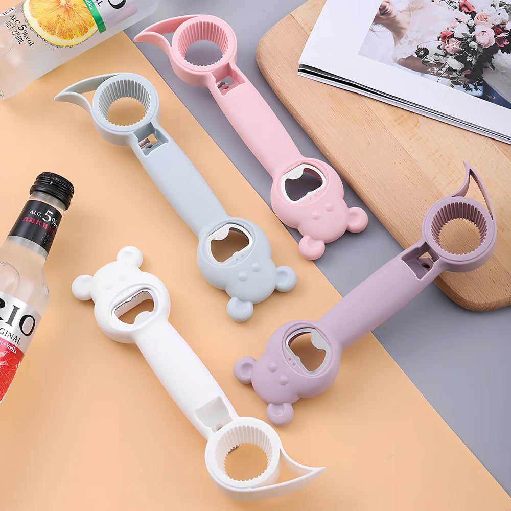 Bear-shaped 4-in-1 stainless steel bottle opener in gray blue, 21 cm long for jars cans and beers