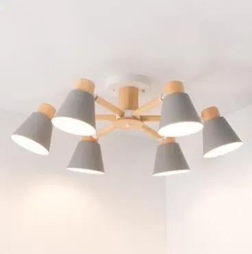 Nordic Macaron ceiling lamp with ironwood construction and multiple light heads in various colour options