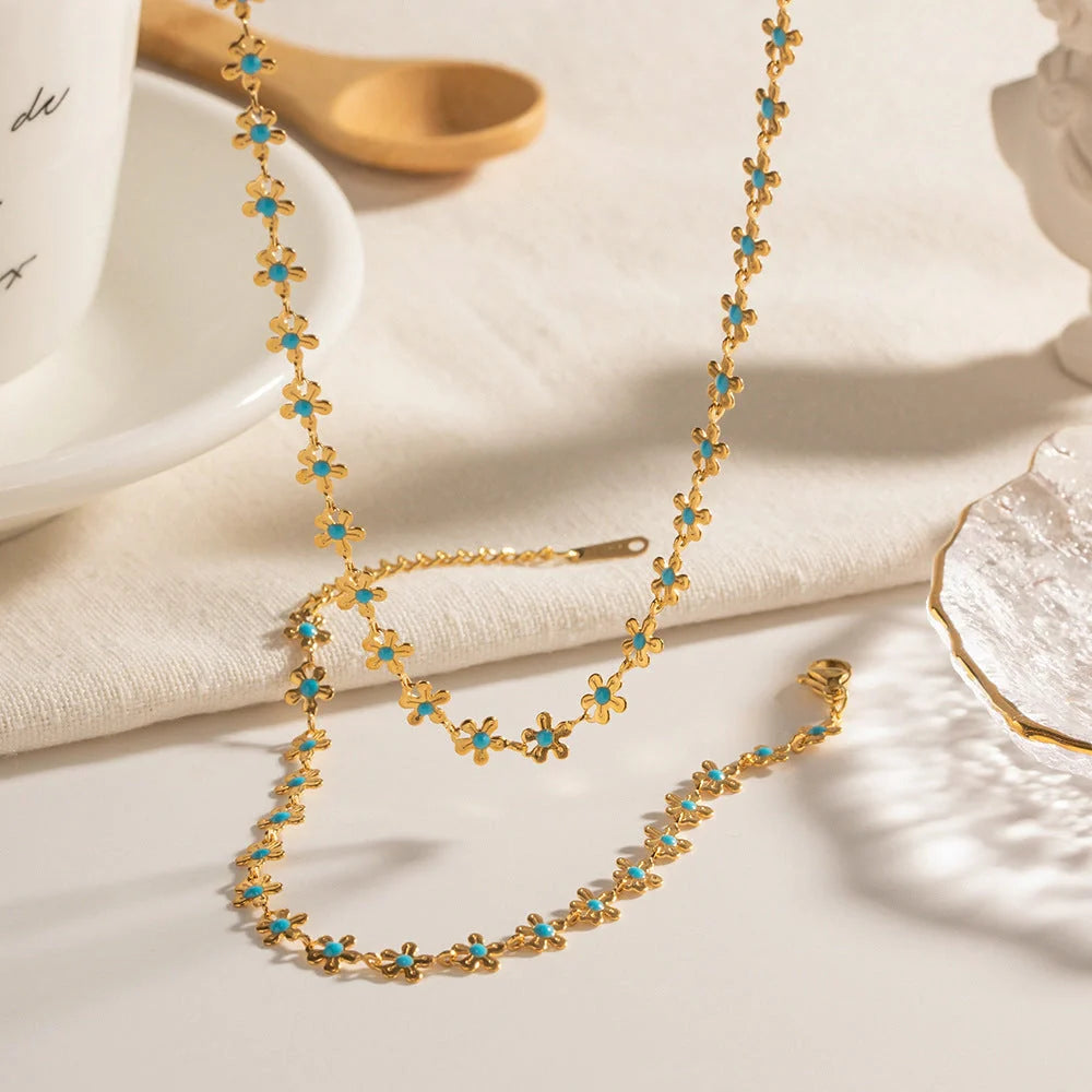 Elegant Oil-Spot Glaze Flower Jewelry Set featuring necklace and bracelet with unique floral design.