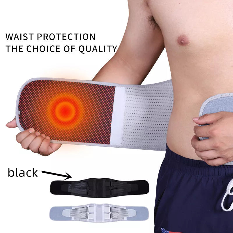 Fitness Belt with Self-Heating Feature for Waist Support in Black and Grey